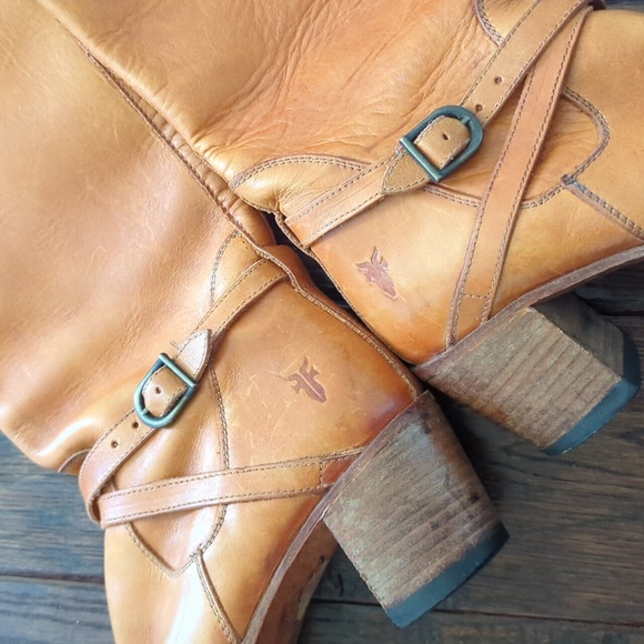 FRYE I Vintage Genuine Goodyear Welt Tall Cognac Leather Boots with Buckles, 5.5 - Picture 15 of 16